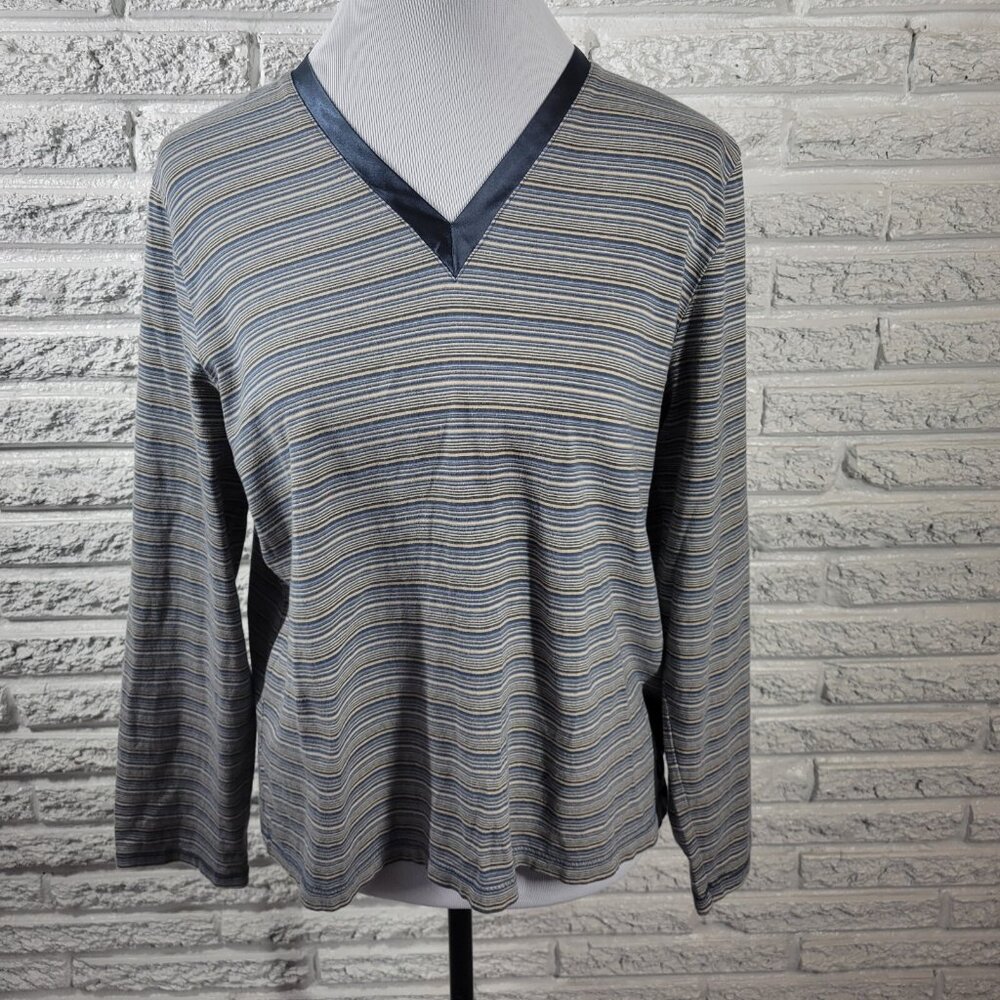 Liz Claiborne Women Top Extra Large XL Tee Long Sleeve Blue White Stripe STR28E